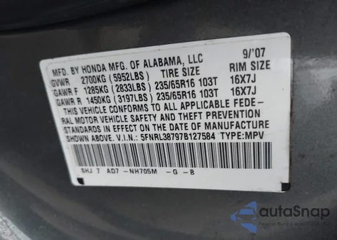 2007 Honda Odyssey Ex-L из США, поврежденный, VIN 5FNRL38797B127584